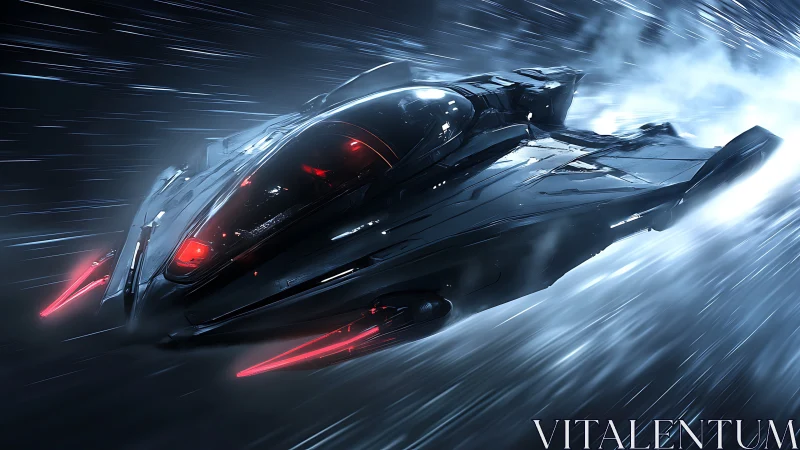 Relativistic interceptor starship with luminous plasma afterburners.