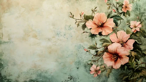 Romantic Peach Blossoms Against Textured Vintage Wall.