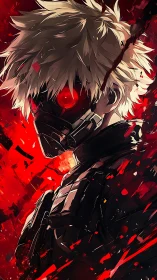 Masked anime soldier with red cybernetic eye on red field.