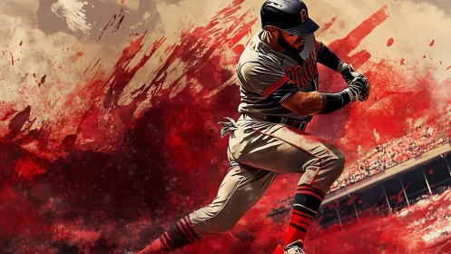 Baseball batter in mid swing against abstract red field.