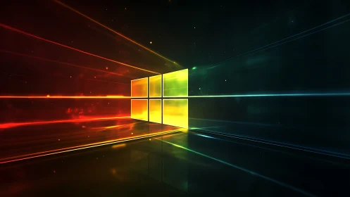 Glowing window icon with radiant red and teal light trails.