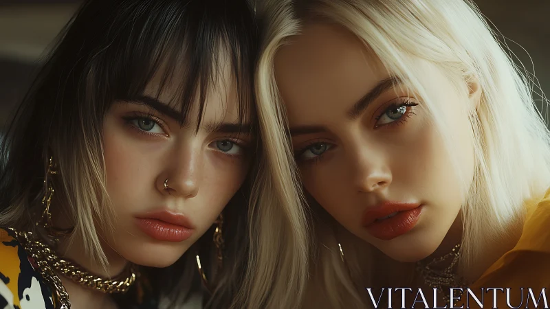 Tender close-up portrait of two stylish young women.