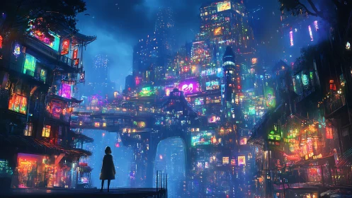 Neon-drenched mega city glows around a lone silhouetted figure.