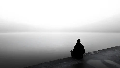 Solitary figure contemplates a misty, boundless shoreline horizon