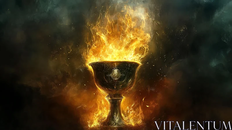 Incandescent golden chalice engulfed in dynamic ritual flames