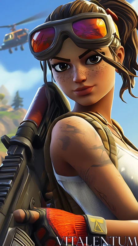 Stylized battle-ready heroine with rifle and reflective goggles