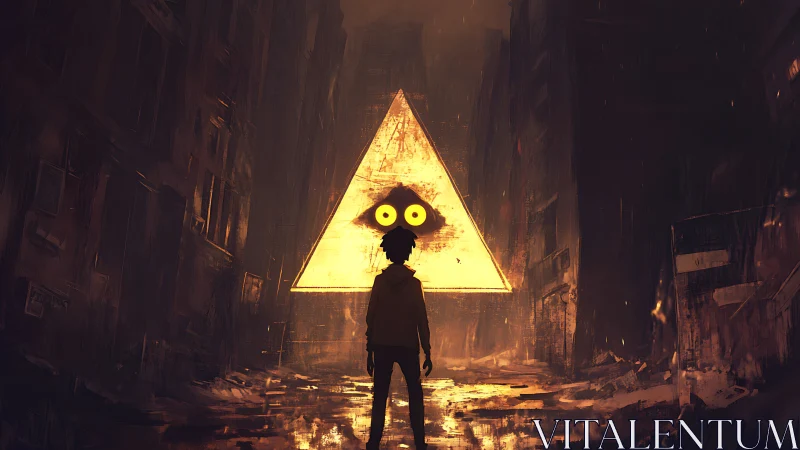 Lone silhouette faces glowing triangle eye in ruins.