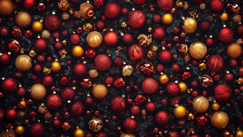 Festive red and gold baubles scattered in rich holiday pattern.