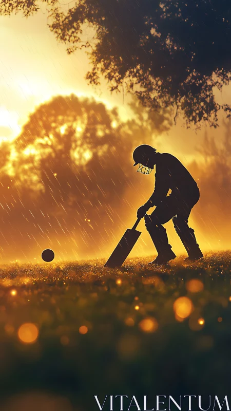 Cricket batter trains in warm rain under glowing sunset sky