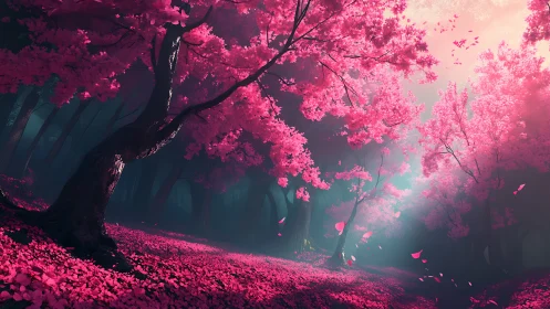 Enchanted cherry blossom forest under ethereal teal light.