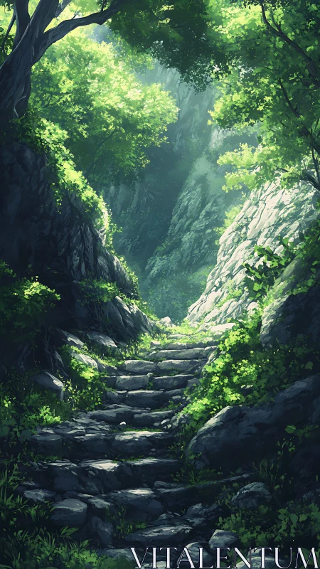 Mountain canyon with stone pathway through dense forest canopy