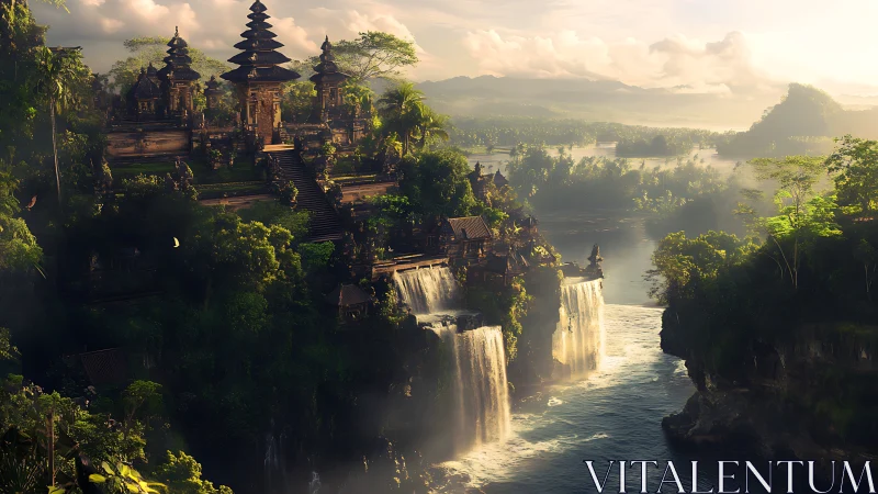 Tiered jungle temple complex crowns cliffs over waterfalls
