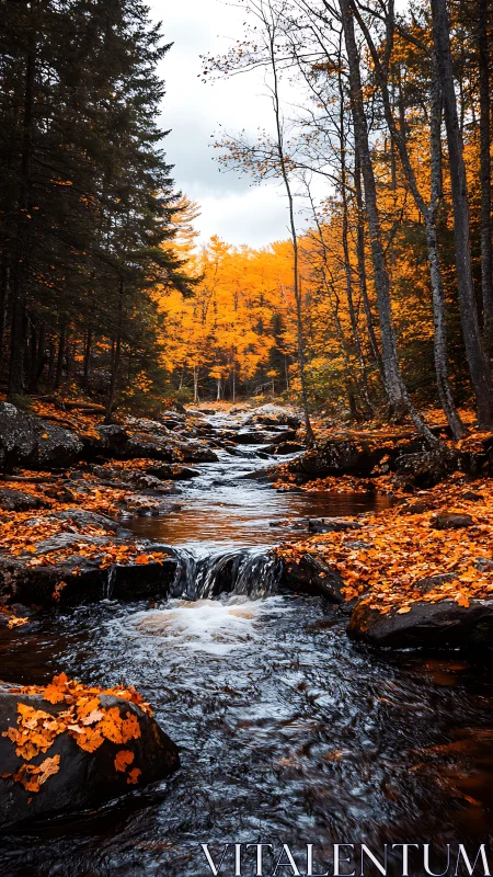 Amber leaves tumble as the forest stream threads through stone