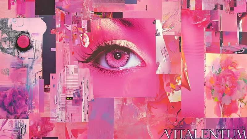 Central pink eye anchors glitch-collage of abstract floral textures