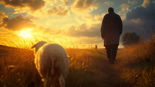 Shepherd walks hillside path beside sheep at golden sunset