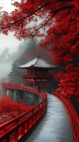 Curved elevated walkway to pavilion amid dense red foliage.