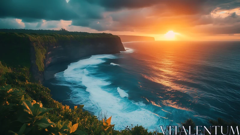 Sunset light pours over dramatic ocean cliffs and surf.