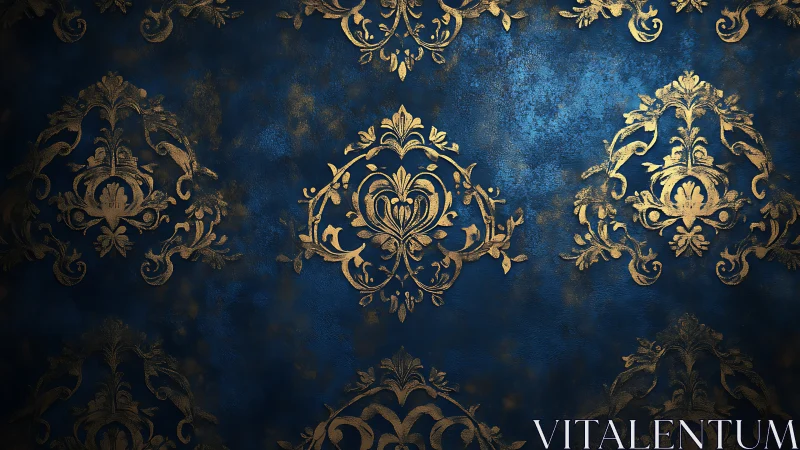 Ornate golden damask glows over textured midnight blue wall.