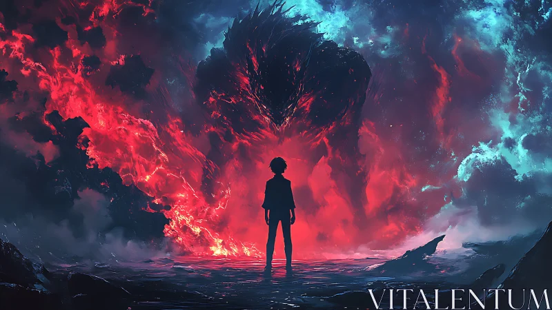 Silhouetted youth confronts colossal voidfire entity.
