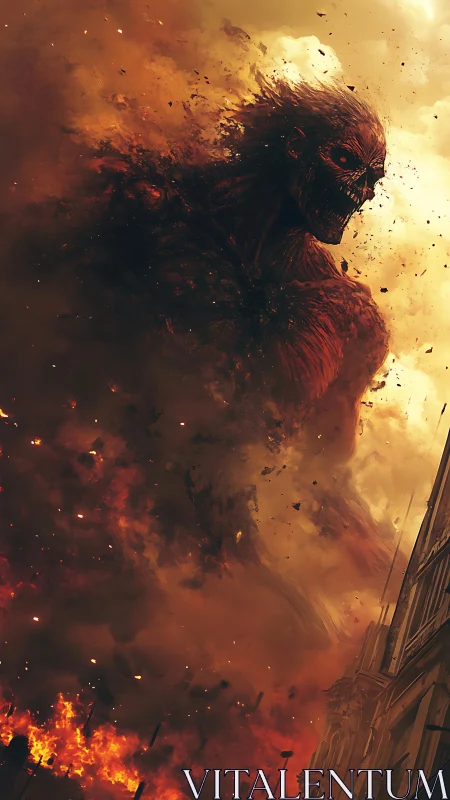 Towering fire giant emerging through swirling city flames.