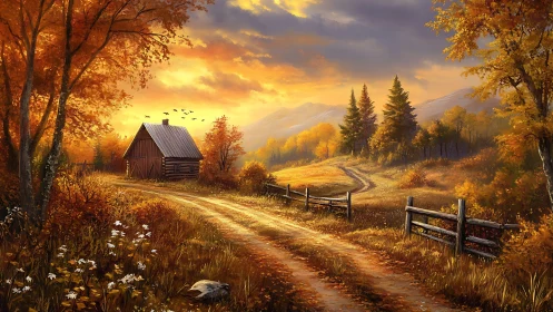Autumn dirt road curves past rustic cabin under saturated sunset sky