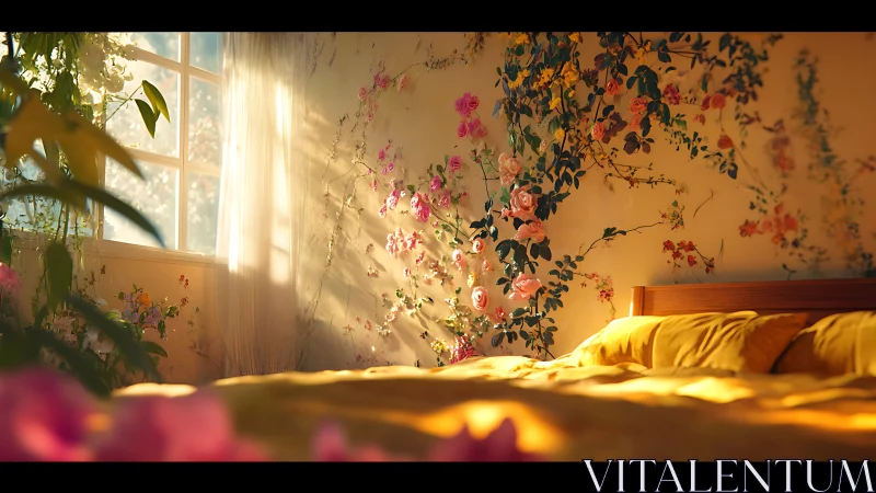 Sunlit floral bedroom where morning light lingers softly.