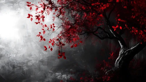 Scarlet tree leaning into silver misty twilight glow.