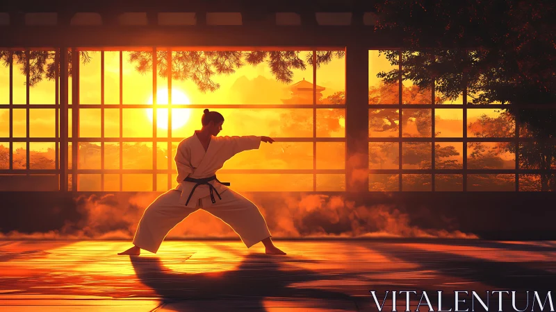 Cinematic karate dojo silhouette in dramatic sunset light.
