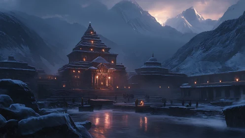 Snowbound mountain temple glows warmly in the twilight cold