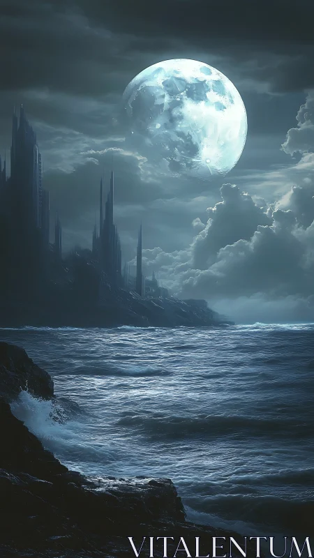 Lunar-lit gothic coastline with stormy bioluminescent sea.