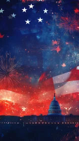 Fireworks glow above the Capitol in a bold patriotic night sky