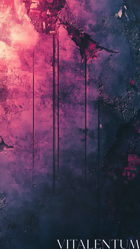 Cracked neon wall bleeds vertical shadows into darkness