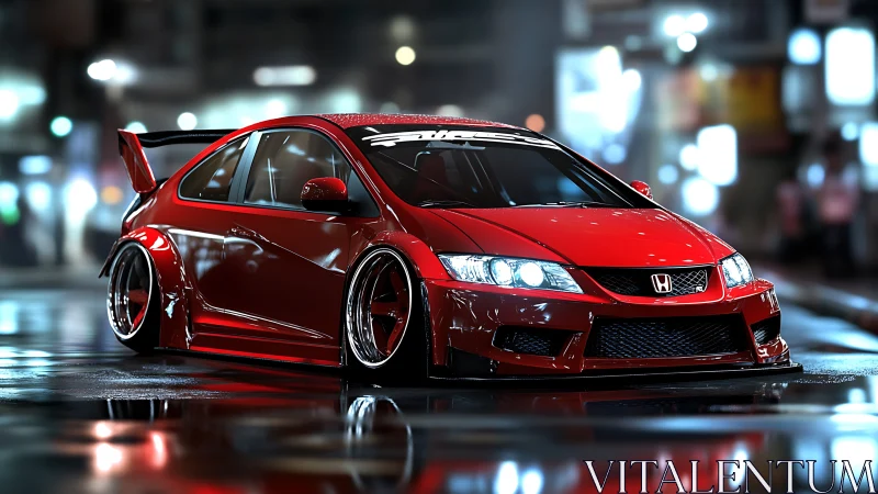 Midnight red Honda hero cruising neon-soaked city streets.