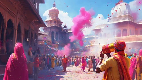 Color powder celebration in courtyard of historic temple complex.