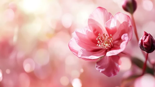 Pink Peony Flower with Central Stamen and Buds