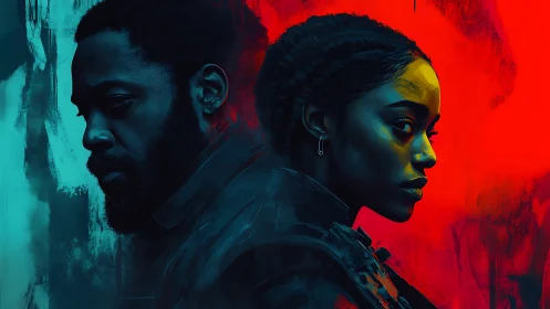 Dual portraits divide neon teal and crimson conflict.