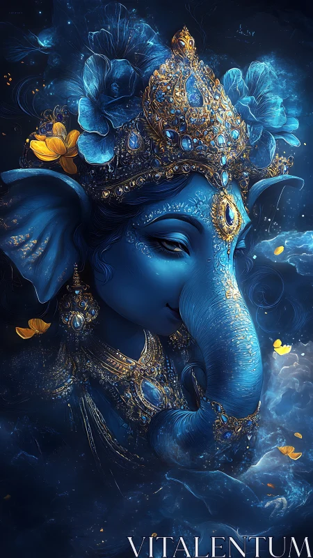 Blue elephant deity portrait glows amid swirling cosmic mist