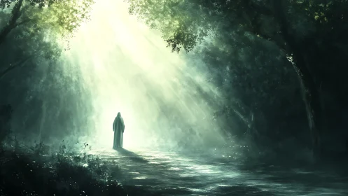 Solitary wanderer pauses where forest shadows meet heaven