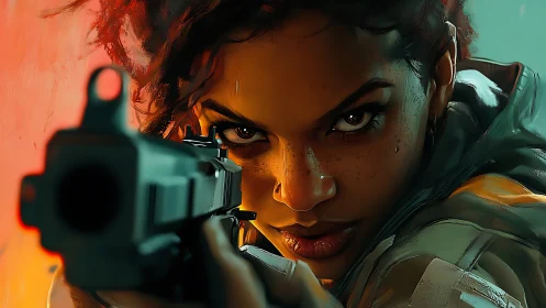 Sharpened gaze steadies the barrel in neon stormlight