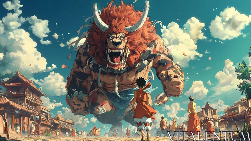 Colossal horned beast charging a lone hero in sunlit town.
