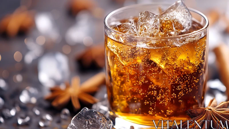 Carbonated Bourbon Beverage with Ice and Star Anise Garnish