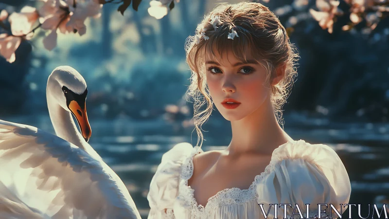 Young woman with swan near water under soft daylight.