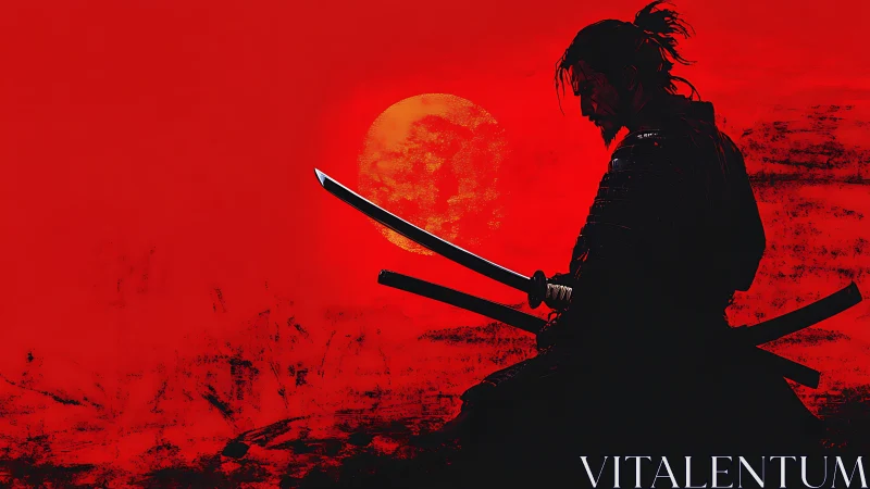 Samurai silhouette with katana against red sun backdrop.