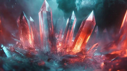 Luminous crimson crystal cluster in ethereal nebula glow.