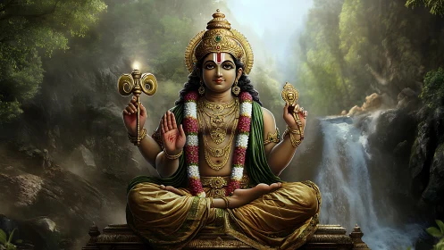 Serene forest deity seated in gold by a misty waterfall.