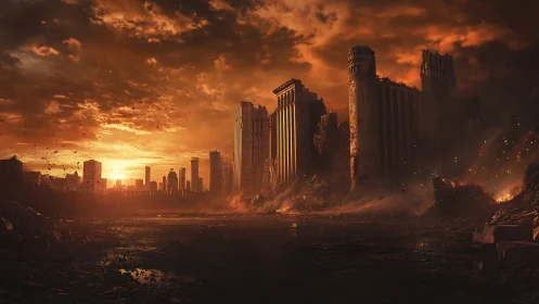 Sunset over a crumbling city of firelit ruins and echoes.