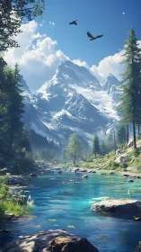 Snowy mountain peak above clear turquoise forest river.