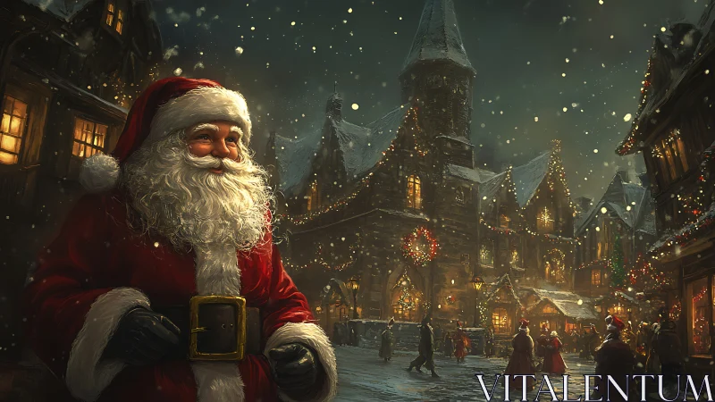 Santa in luminously detailed Victorian Christmas plaza.