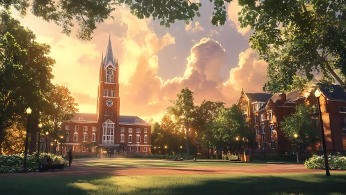 Sunlit campus clock tower rises above tranquil green quad.