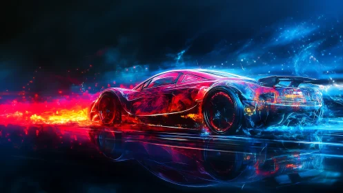 Cyberpunk hypercar in bifurcated neon plasma motion study.